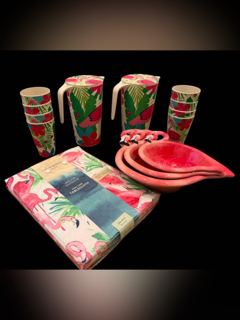 Flamingo Tropical Melamine Pitcher, Cups & Nesting Bowl 16 Piece Set NEW!